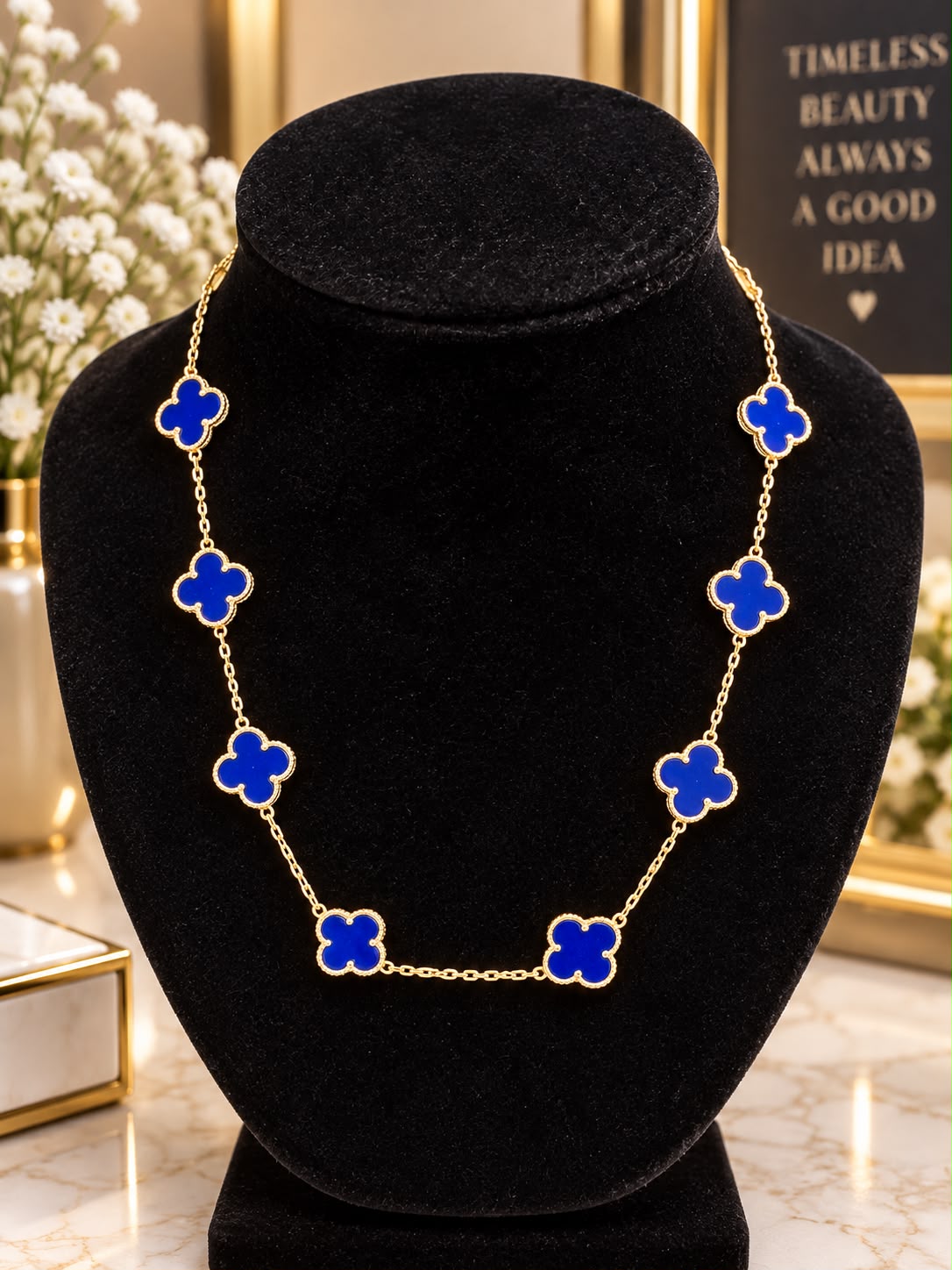 10K Yellow Gold 18” Blue Flower Station Necklace 12.3g Floral Clover Design