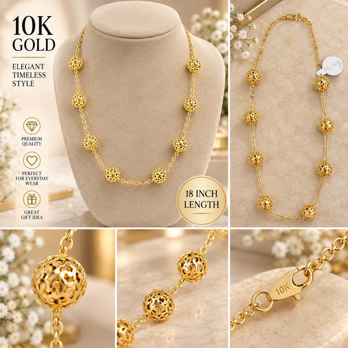 10K Yellow Gold 18” Filigree Bead Station Necklace Openwork Ball Design