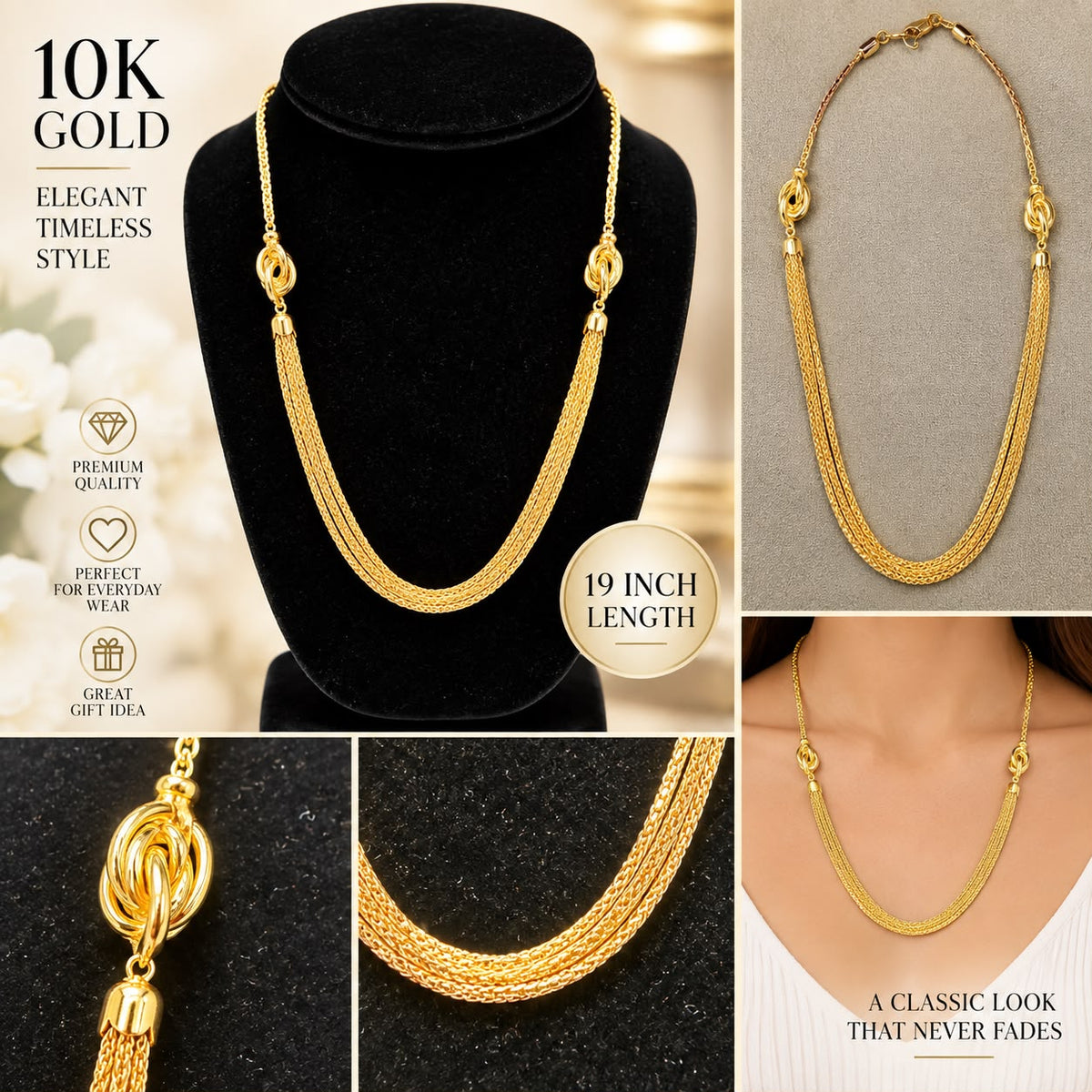 10K Yellow Gold 19” Multi Strand Chain Necklace Elegant Knot Station Design