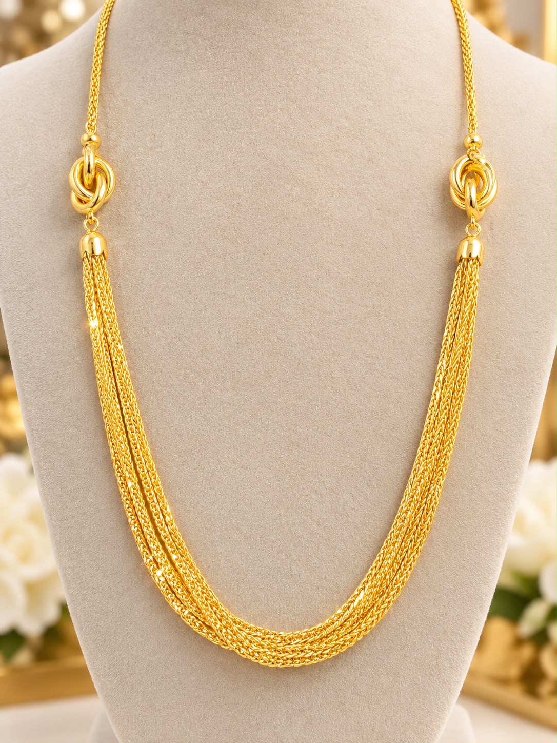 10K Yellow Gold 19” Multi Strand Chain Necklace Elegant Knot Station Design