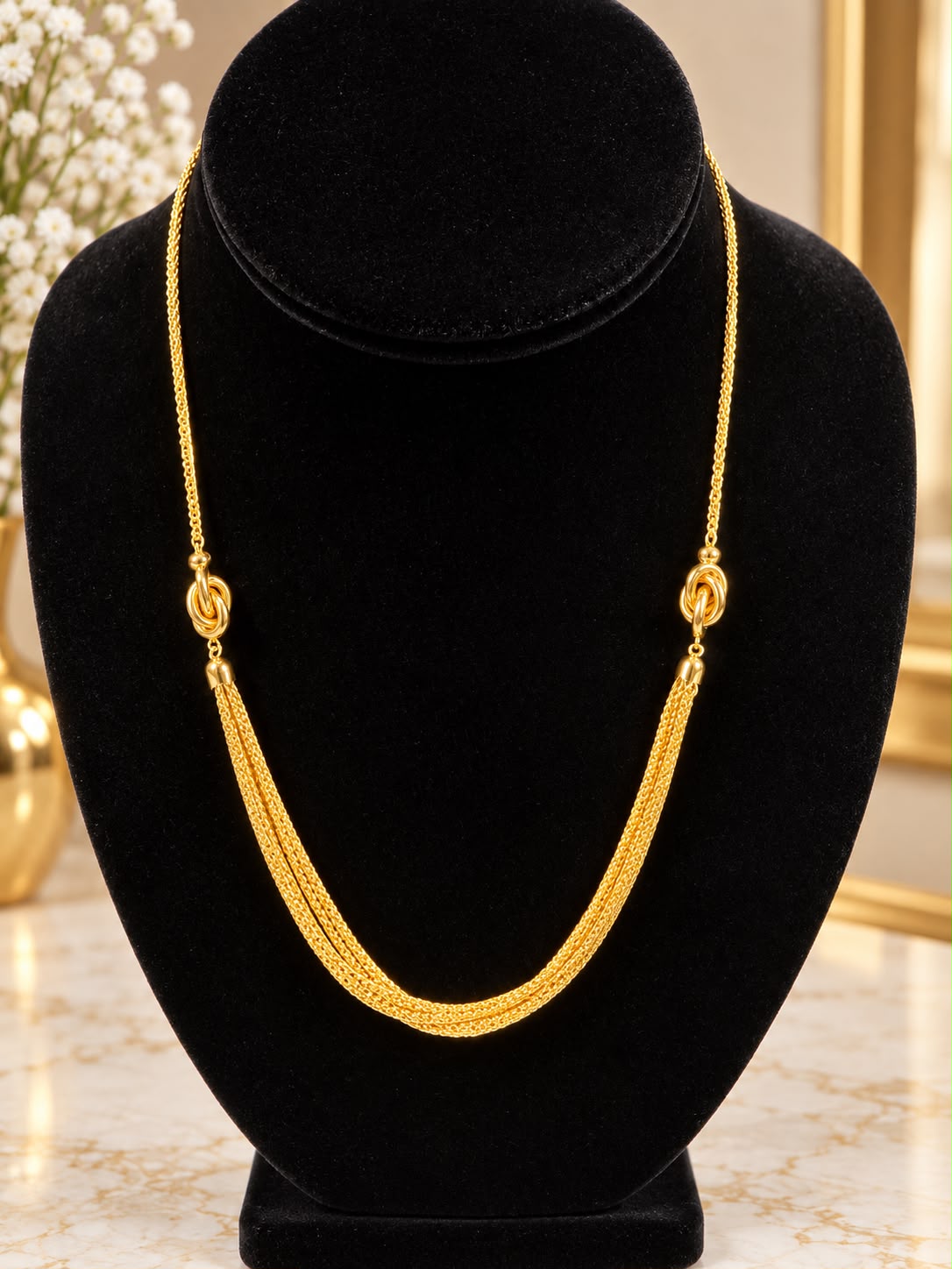 10K Yellow Gold 19” Multi Strand Chain Necklace Elegant Knot Station Design