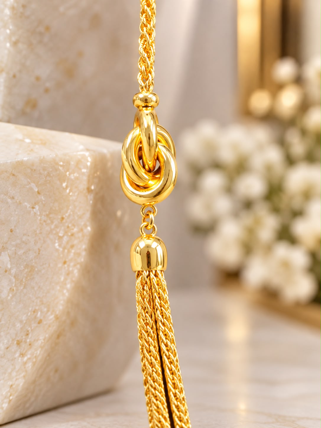 10K Yellow Gold 19” Multi Strand Chain Necklace Elegant Knot Station Design