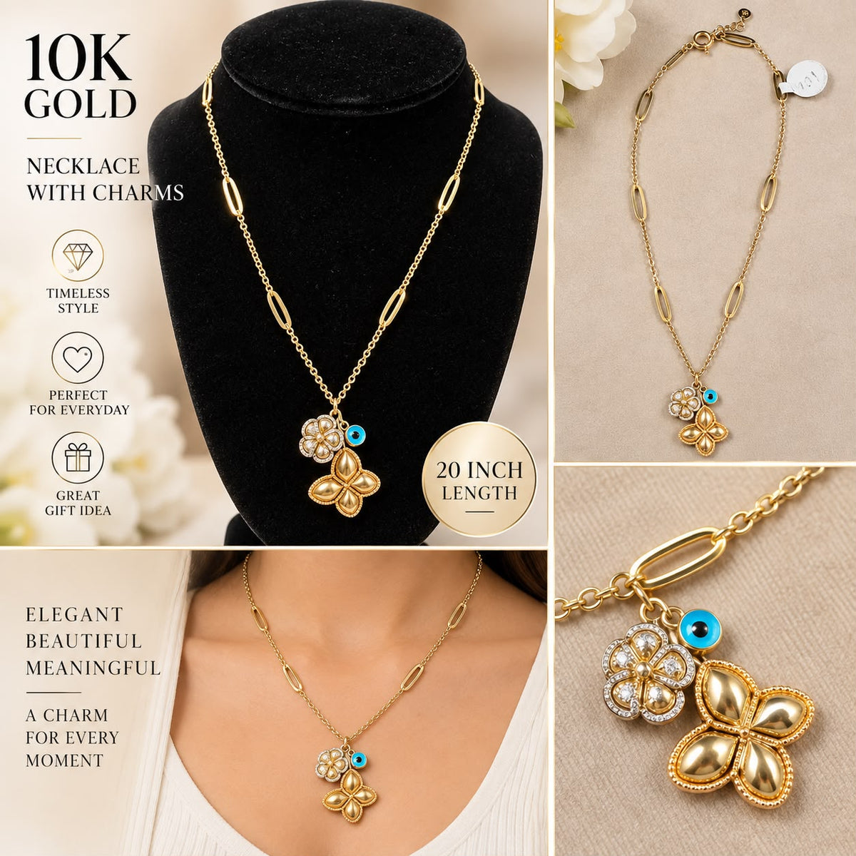 10K Yellow Gold 20” Flower & Evil Eye Charm Necklace CZ Floral Pendant