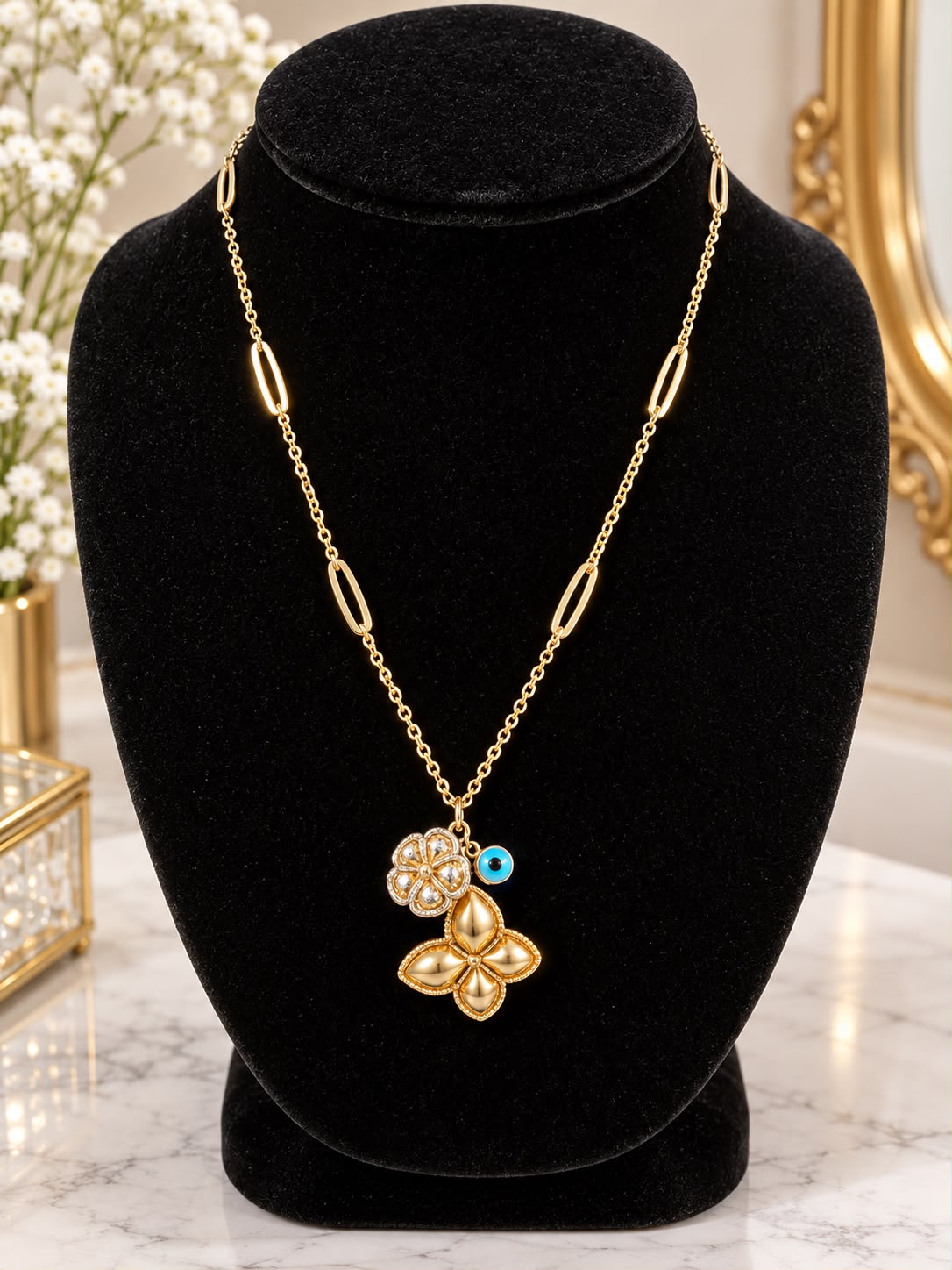 10K Yellow Gold 20” Flower & Evil Eye Charm Necklace CZ Floral Pendant