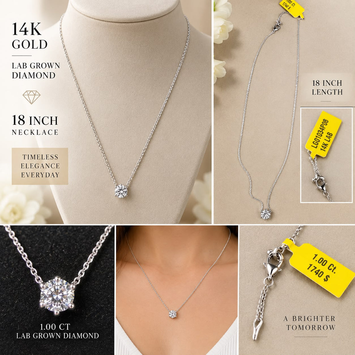 Beautiful 14K White Gold Lab-Grown Diamond Necklace featuring a brilliant 1.00 CT round-cut lab-grown diamond in a classic solitaire setting.