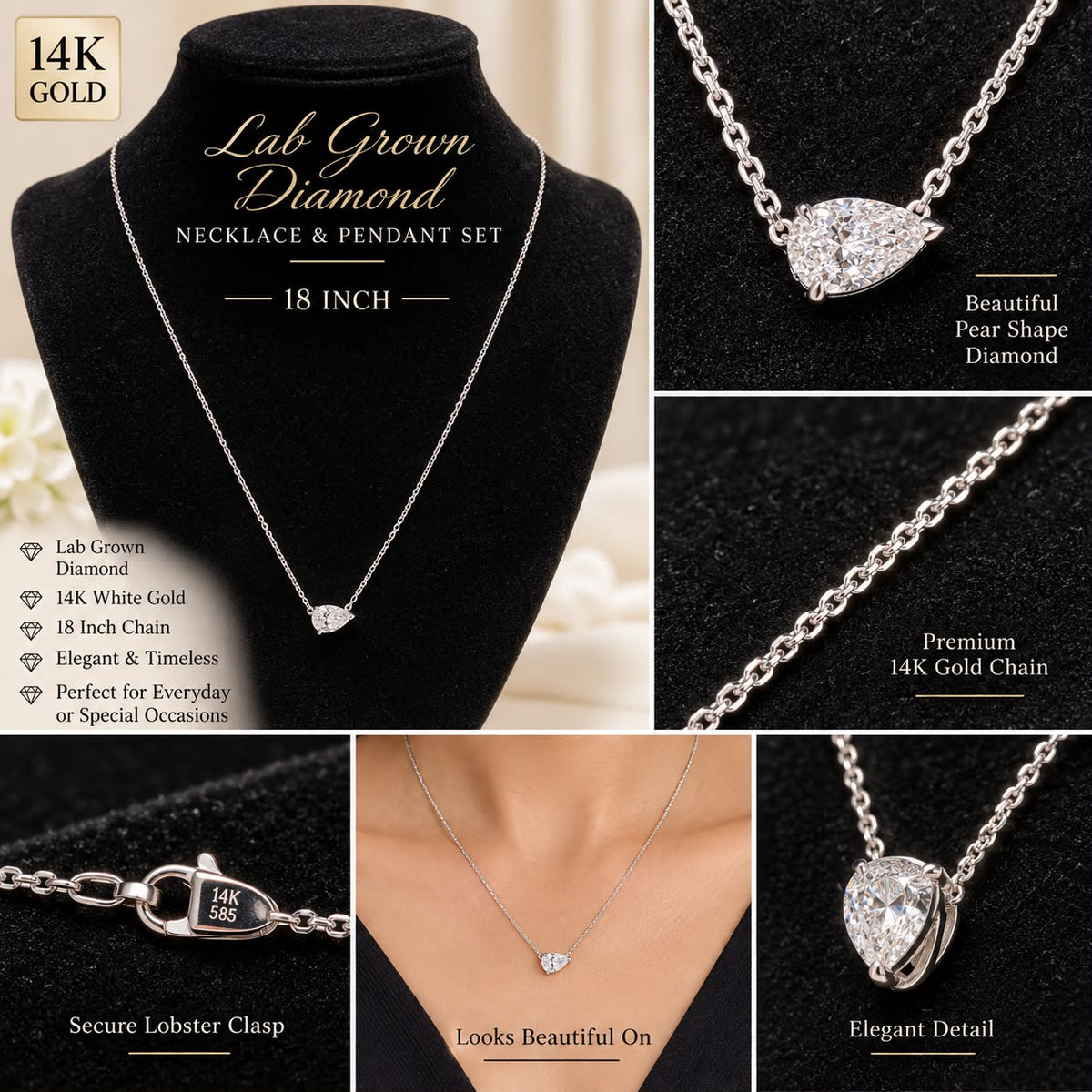 14K White Gold 18” Lab Grown Pear Diamond Necklace & Pendant Solitaire