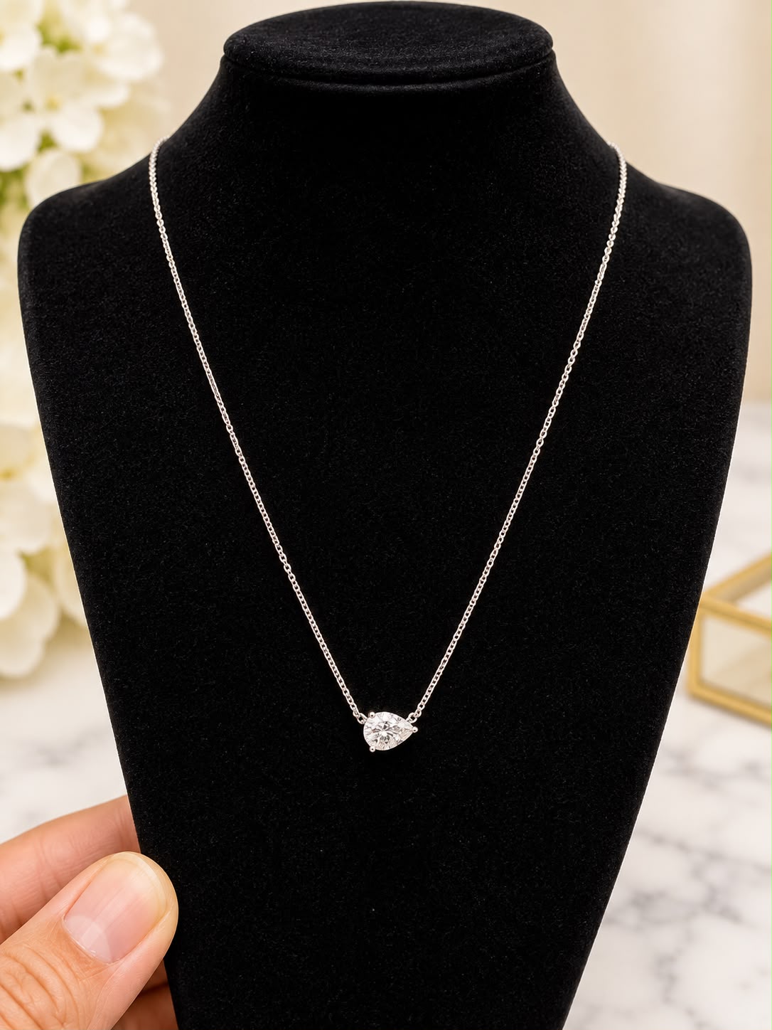 14K White Gold 18” Lab Grown Pear Diamond Necklace & Pendant Solitaire