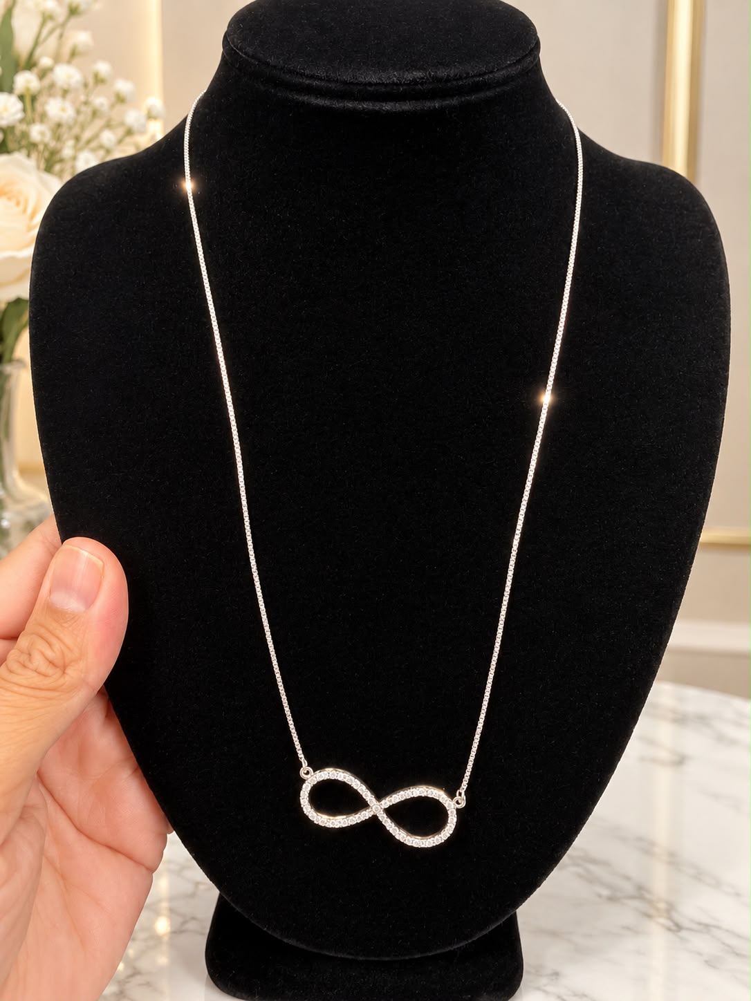10K White Gold Natural Diamond Infinity Necklace 22” Pendant Fine Jewelry