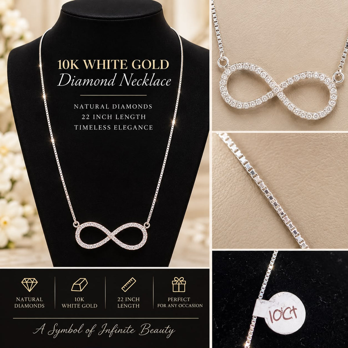 10K White Gold Natural Diamond Infinity Necklace 22” Pendant Fine Jewelry