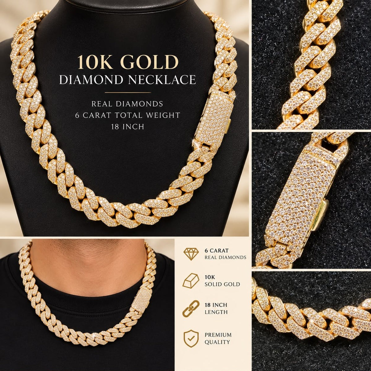 10K Yellow Gold 6 CTW Natural Diamond Miami Cuban Link Chain Necklace 18”