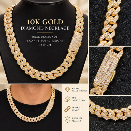 10K Yellow Gold 6 CTW Natural Diamond Miami Cuban Link Chain Necklace 18”