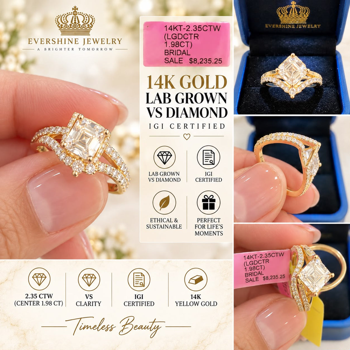 14K Yellow Gold 2.35 CTW Lab Grown VS Diamond Bridal Ring IGI Certified 1.98 CT Center