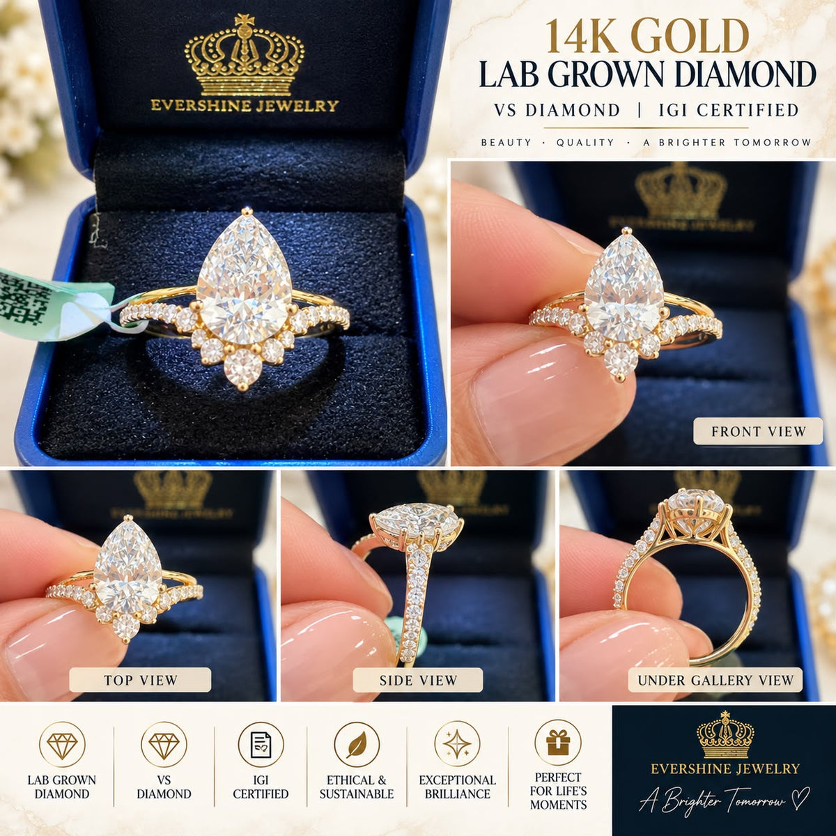 14K Yellow Gold Pear Cut Lab Grown VS Diamond Engagement Ring IGI Certified