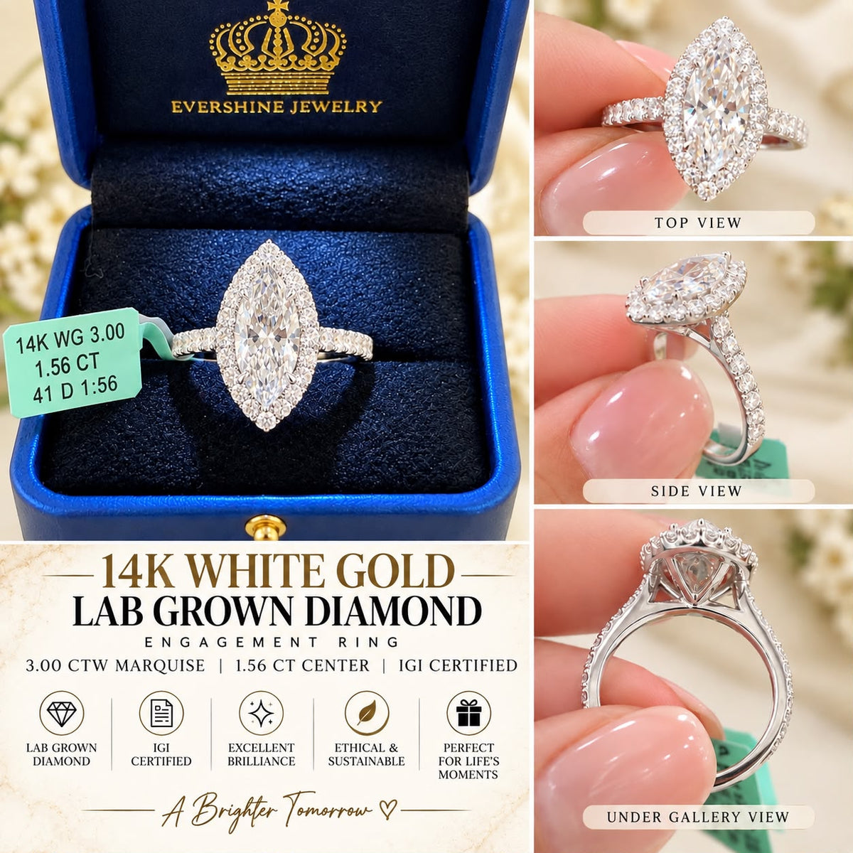 14K White Gold 3.00 CTW Lab Grown Diamond Marquise Ring 1.56 CT Center IGI