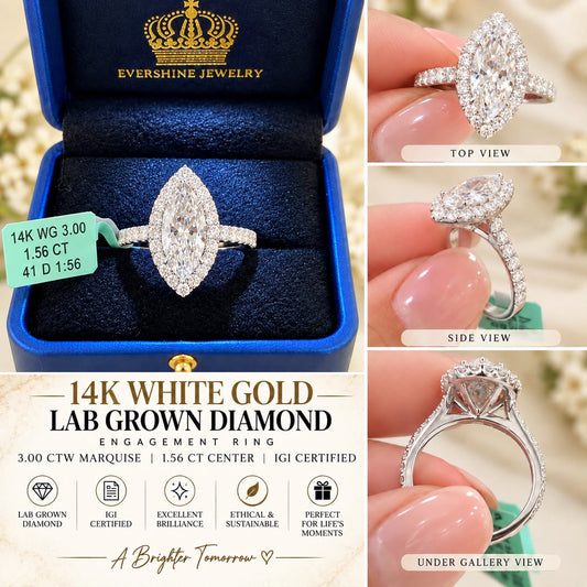 14K White Gold 3.00 CTW Lab Grown Diamond Marquise Ring 1.56 CT Center IGI