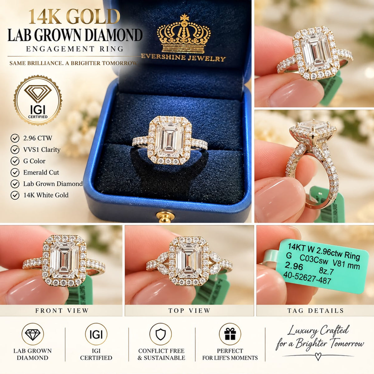14K White Gold 2.96 CTW Lab Grown Emerald Cut Diamond Ring IGI G VVS1 Size 7