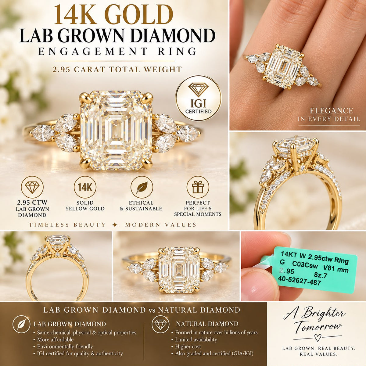 14K Yellow Gold 2.95 CTW Lab Grown Emerald Cut Diamond Engagement Ring IGI