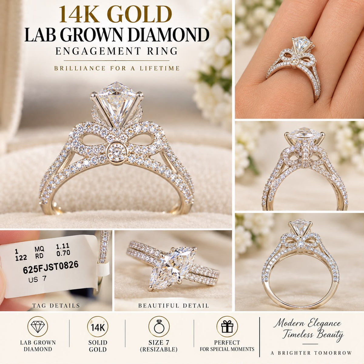 14K Gold 1.81 CTW Lab Grown Marquise Diamond Engagement Ring Size 7
