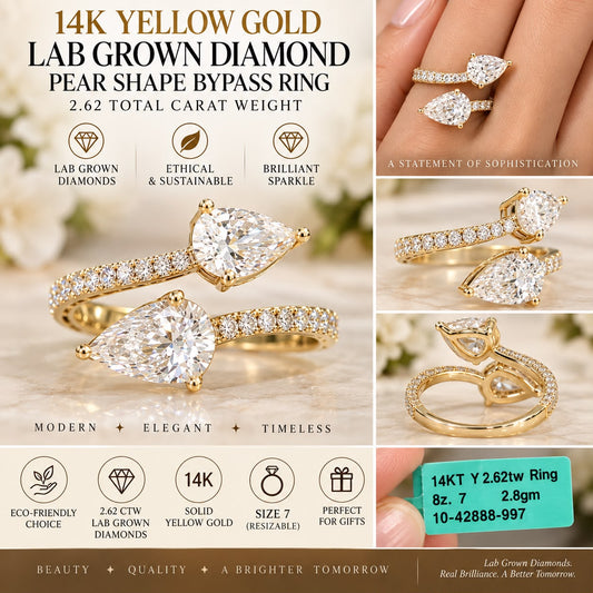 14K Yellow Gold 2.62 CTW Lab Grown Diamond Pear Shape Bypass Ring Size 7
