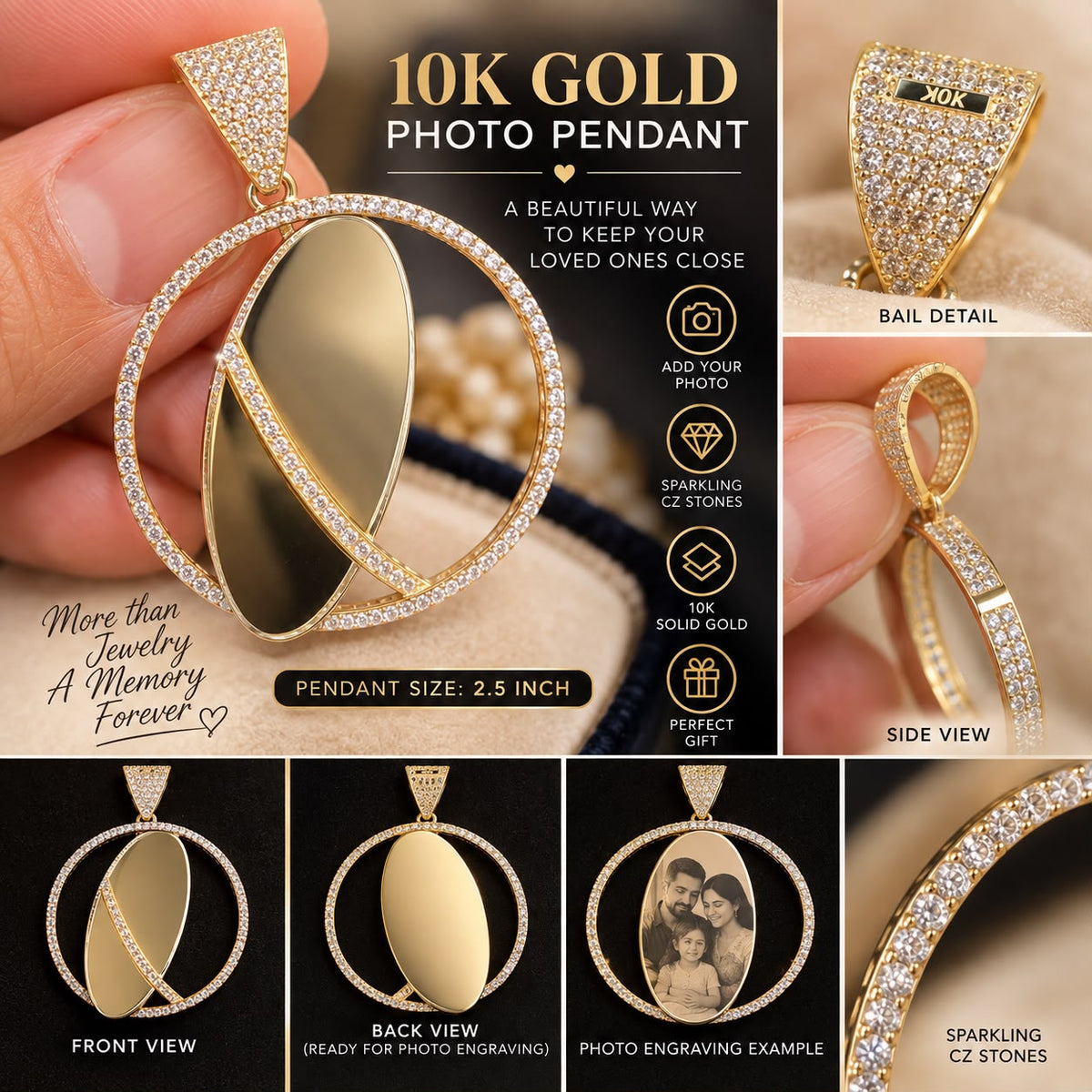 10K Yellow Gold 2.5” Round CZ Photo Pendant Custom Double-Sided Picture Engraving