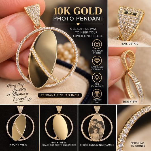 10K Yellow Gold 2.5” Round CZ Photo Pendant Custom Double-Sided Picture Engraving
