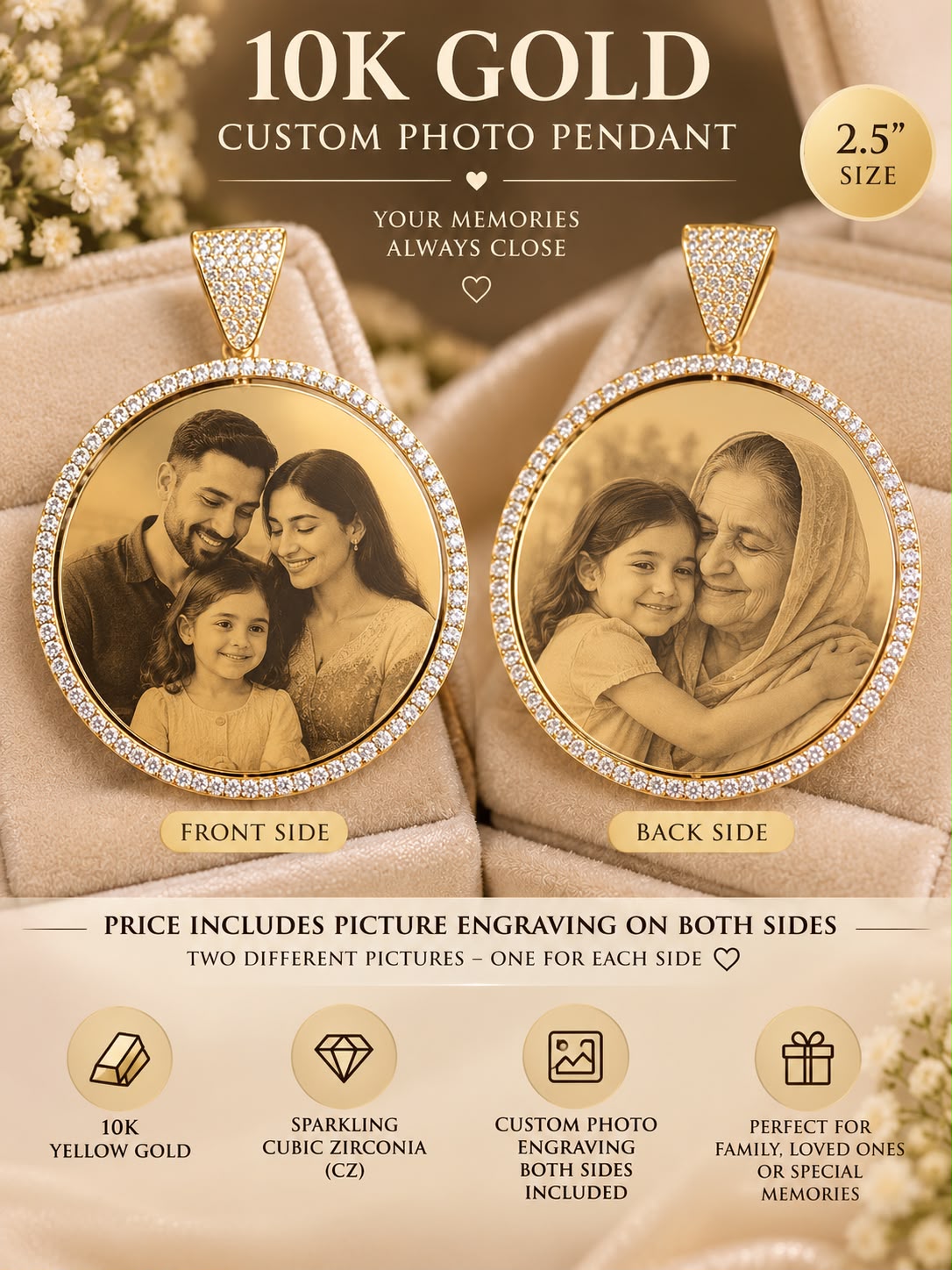 10K Yellow Gold 2” Round CZ Photo Pendant Custom Double-Sided Picture Engraving