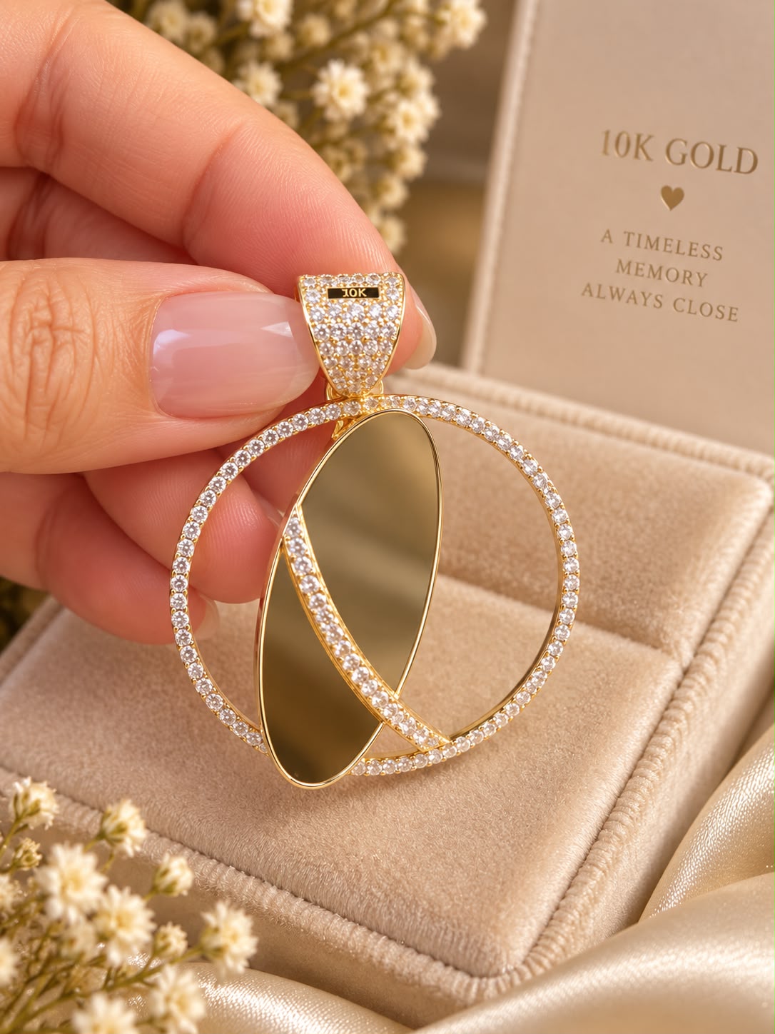 10K Yellow Gold 2” Round CZ Photo Pendant Custom Double-Sided Picture Engraving