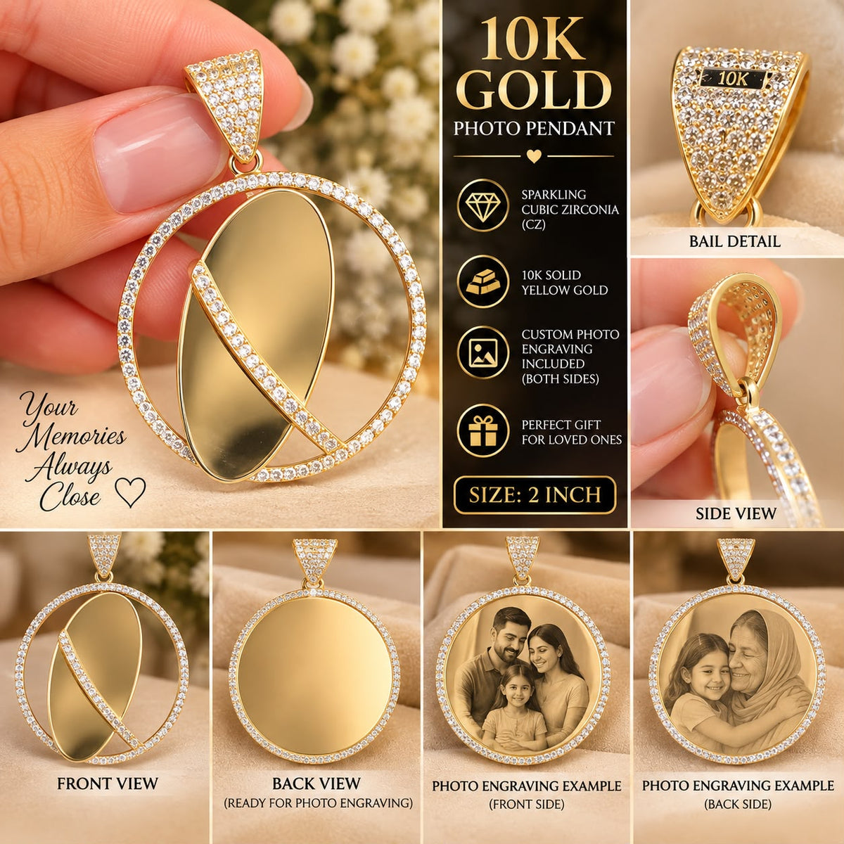 10K Yellow Gold 2” Round CZ Photo Pendant Custom Double-Sided Picture Engraving