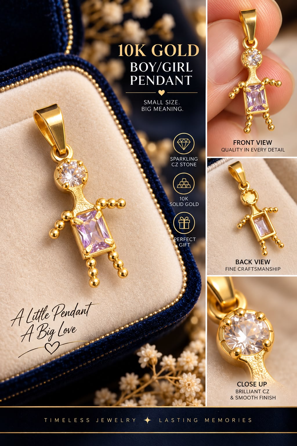 10K Solid Yellow Gold CZ Boy/Girl Pendant – Choice of Color – Kids Charm