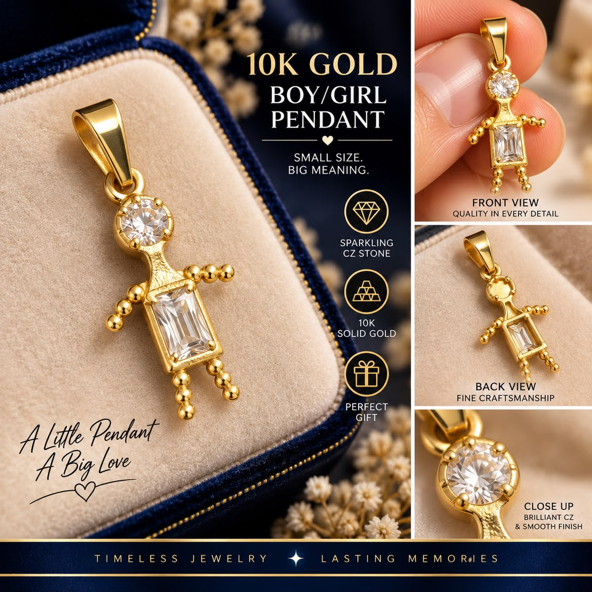 10K Solid Yellow Gold CZ Boy/Girl Pendant – Choice of Color – Kids Charm