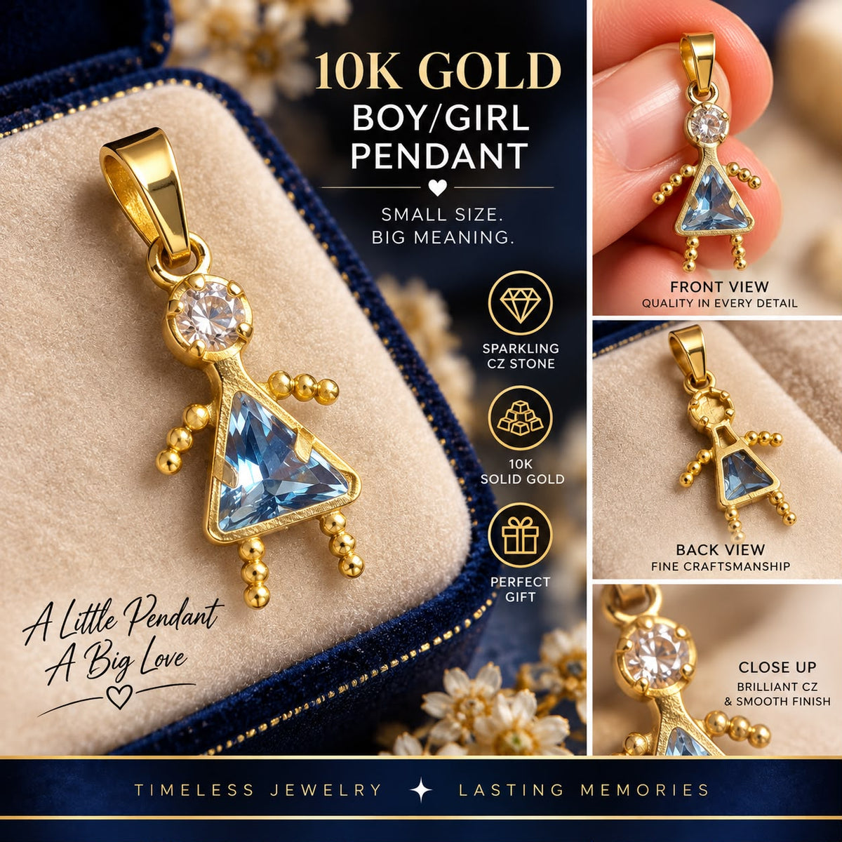 10K Solid Yellow Gold CZ Boy/Girl Pendant – Choice of Color – Kids Charm