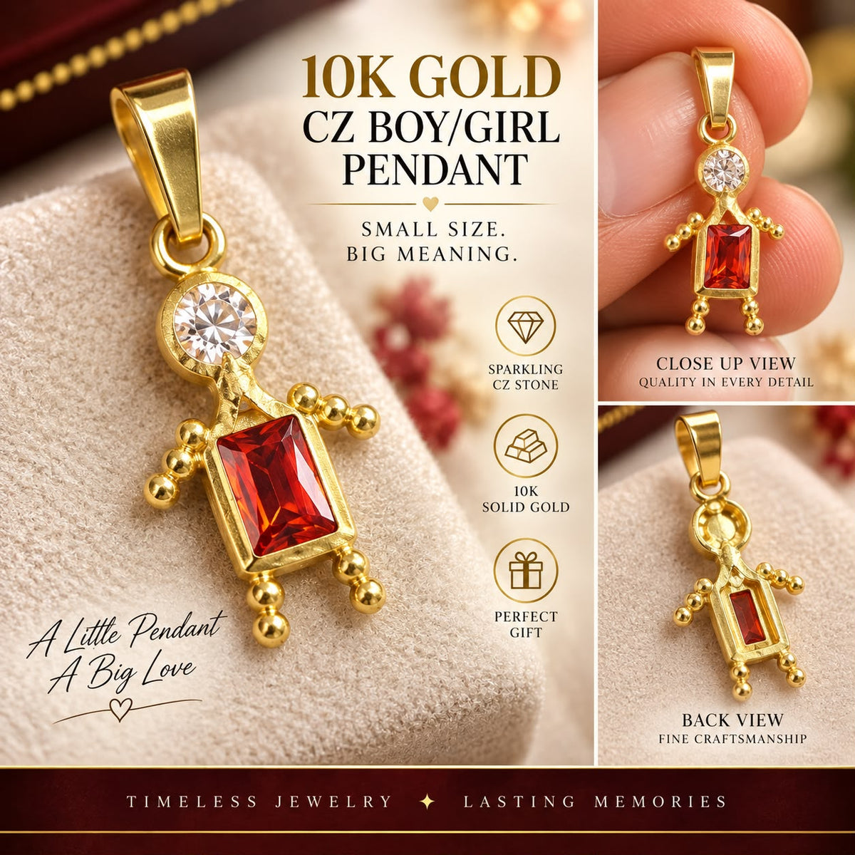 10K Solid Yellow Gold CZ Boy/Girl Pendant – Choice of Color – Kids Charm