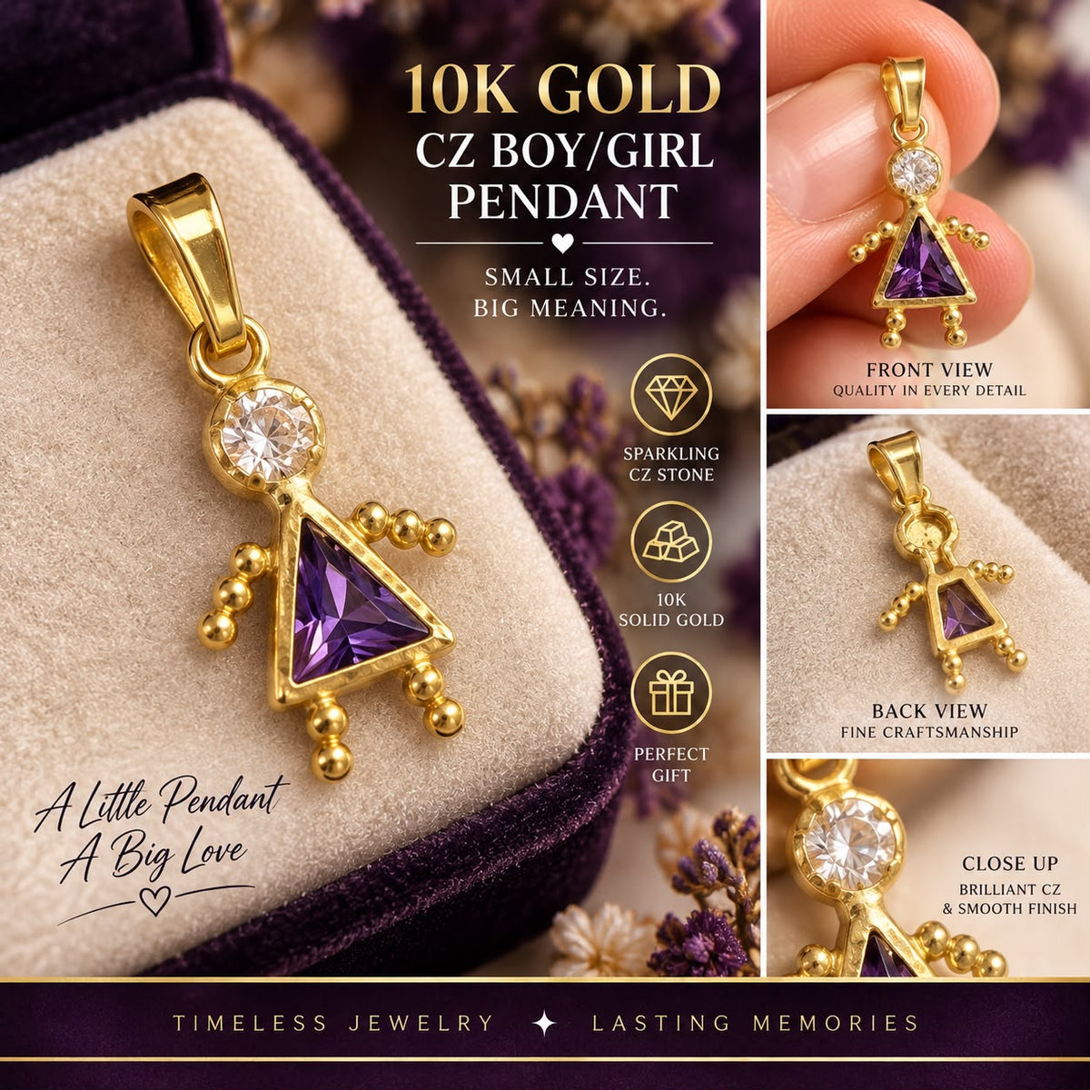 10K Solid Yellow Gold CZ Boy/Girl Pendant – Choice of Color – Kids Charm