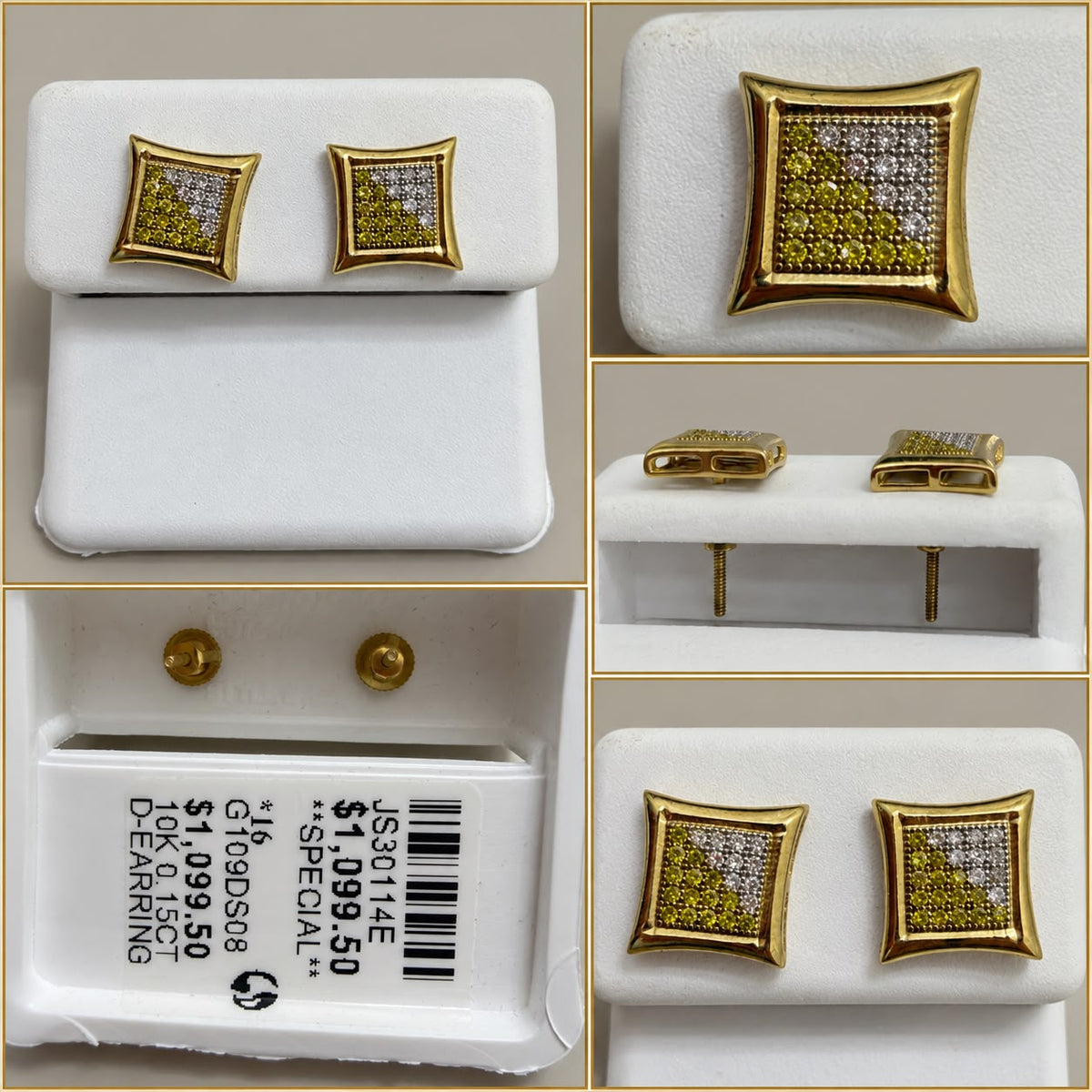 10K Yellow Gold 0.15 CT Diamond Square Stud Earrings Two-Tone Screw Back