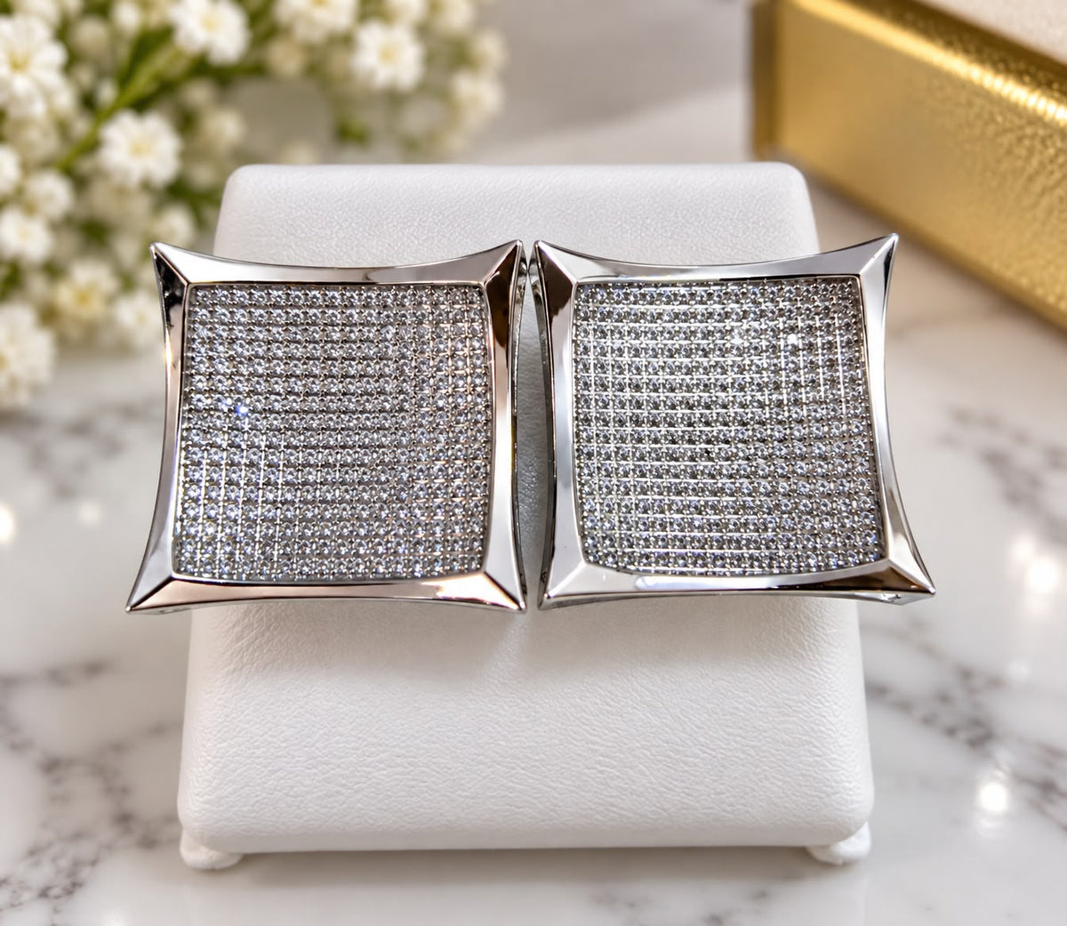 10K White Gold 1.75 CTW Diamond Square Stud Earrings – Push Back