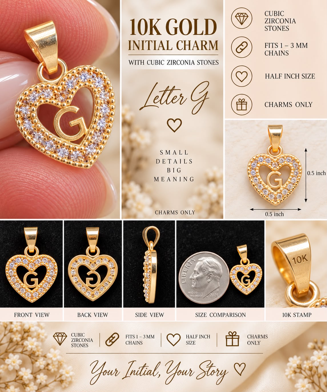 10K Yellow Gold CZ Heart Initial Letter Charm Pendant 1/2” Fits 1-3mm Chain