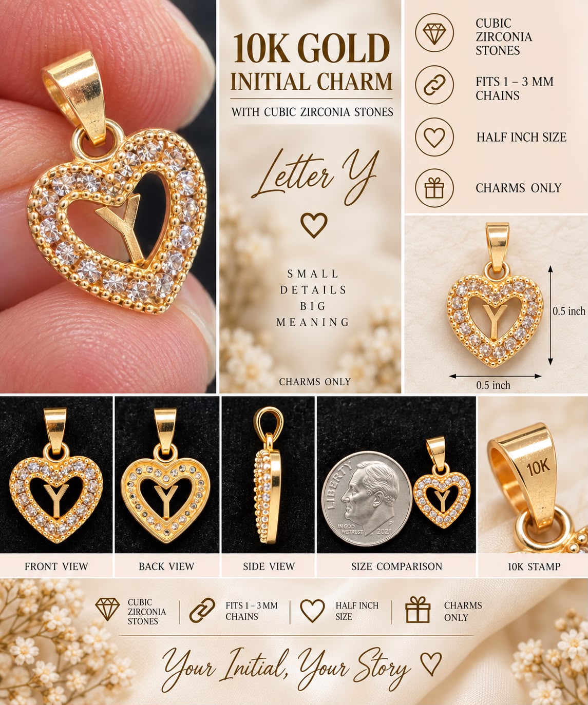 10K Yellow Gold CZ Heart Initial Letter Charm Pendant 1/2” Fits 1-3mm Chain