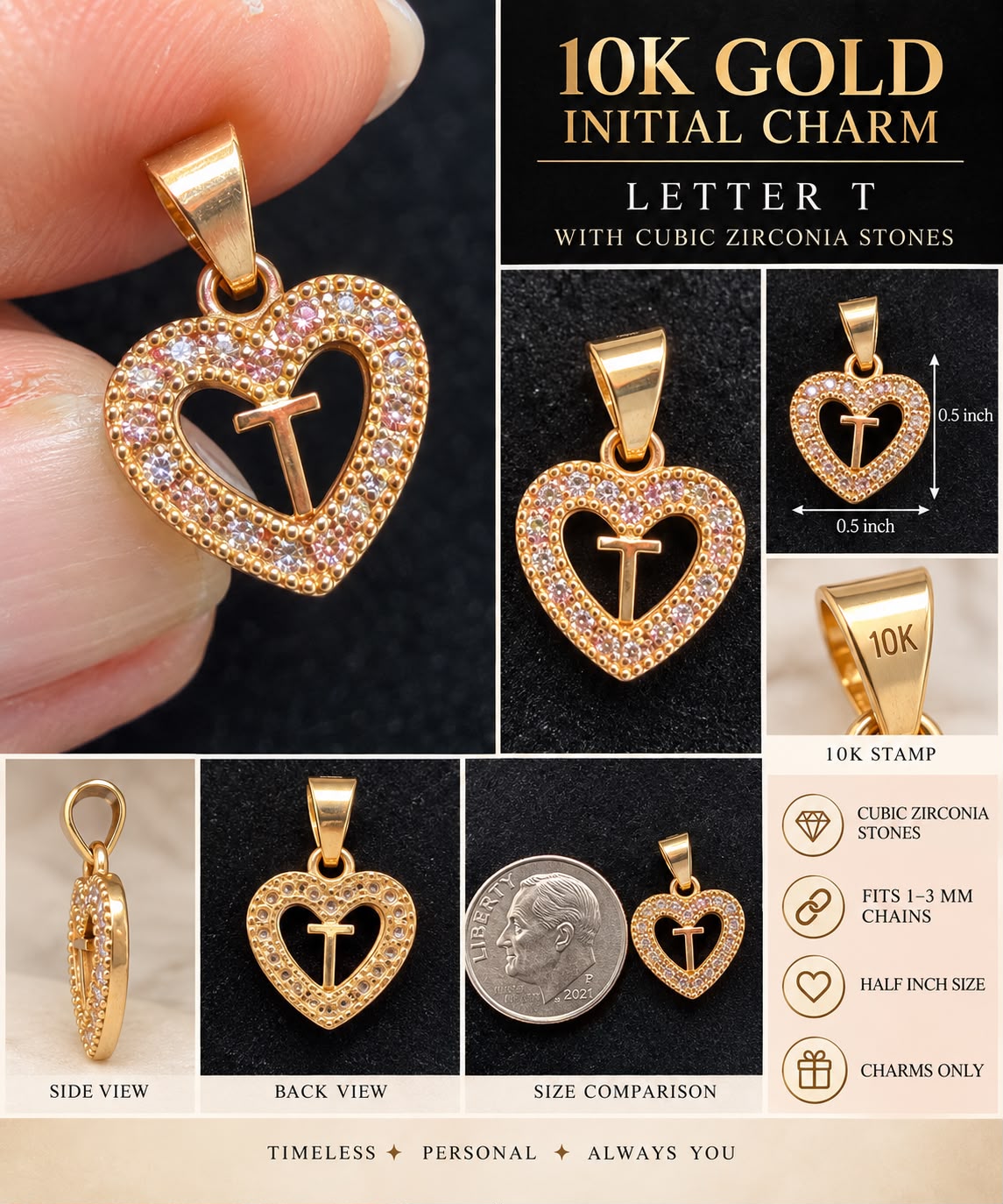 10K Yellow Gold CZ Heart Initial Letter Charm Pendant 1/2” Fits 1-3mm Chain