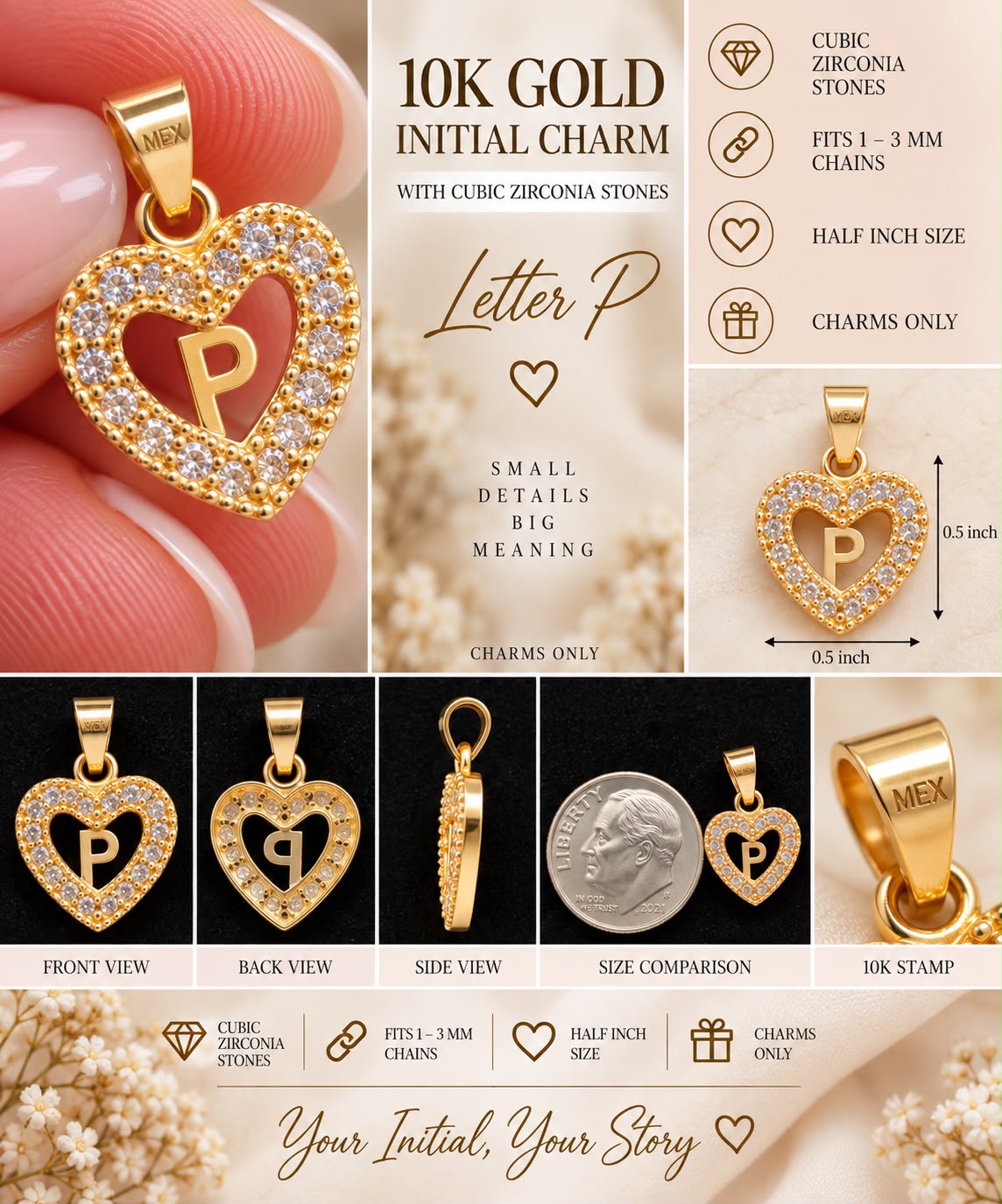 10K Yellow Gold CZ Heart Initial Letter Charm Pendant 1/2” Fits 1-3mm Chain