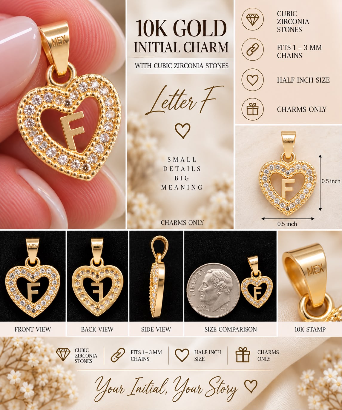 10K Yellow Gold CZ Heart Initial Letter Charm Pendant 1/2” Fits 1-3mm Chain