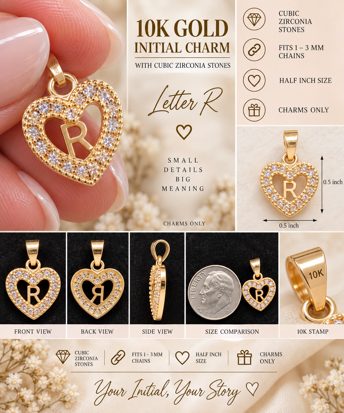 10K Yellow Gold CZ Heart Initial Letter Charm Pendant 1/2” Fits 1-3mm Chain
