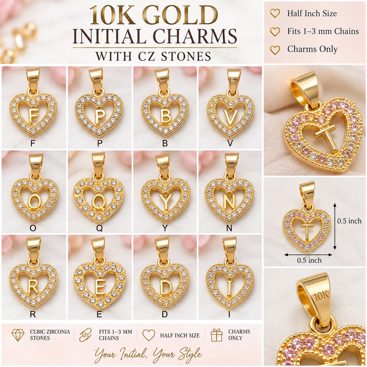 10K Yellow Gold CZ Heart Initial Letter Charm Pendant 1/2” Fits 1-3mm Chain
