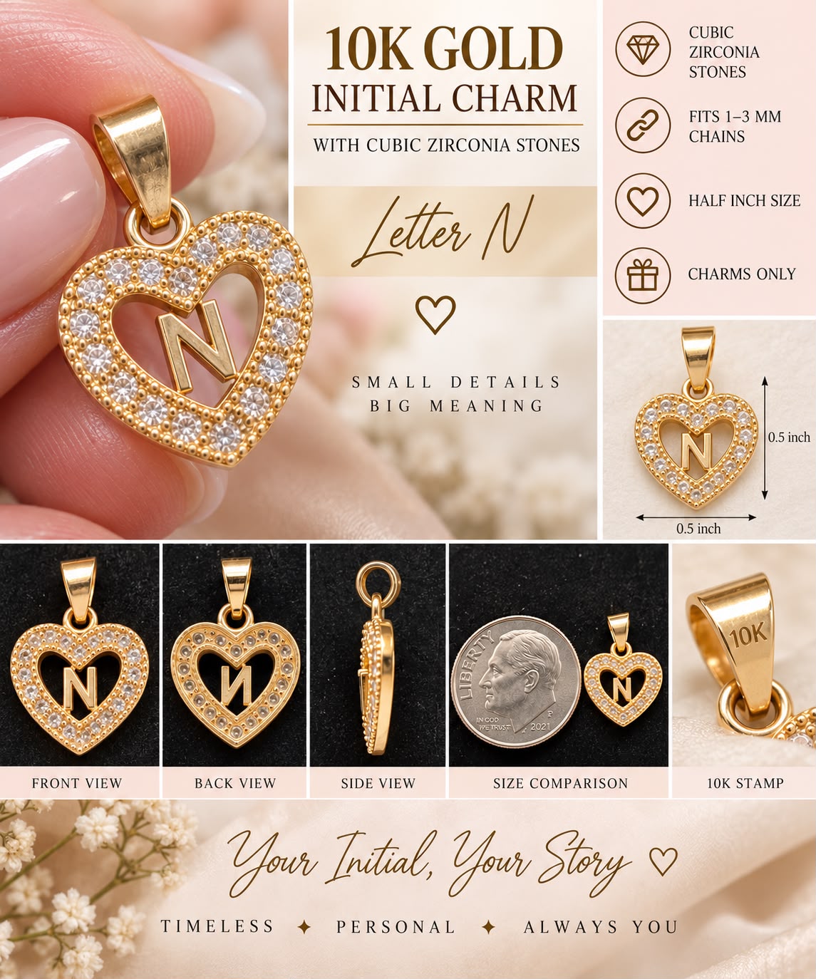 10K Yellow Gold CZ Heart Initial Letter Charm Pendant 1/2” Fits 1-3mm Chain