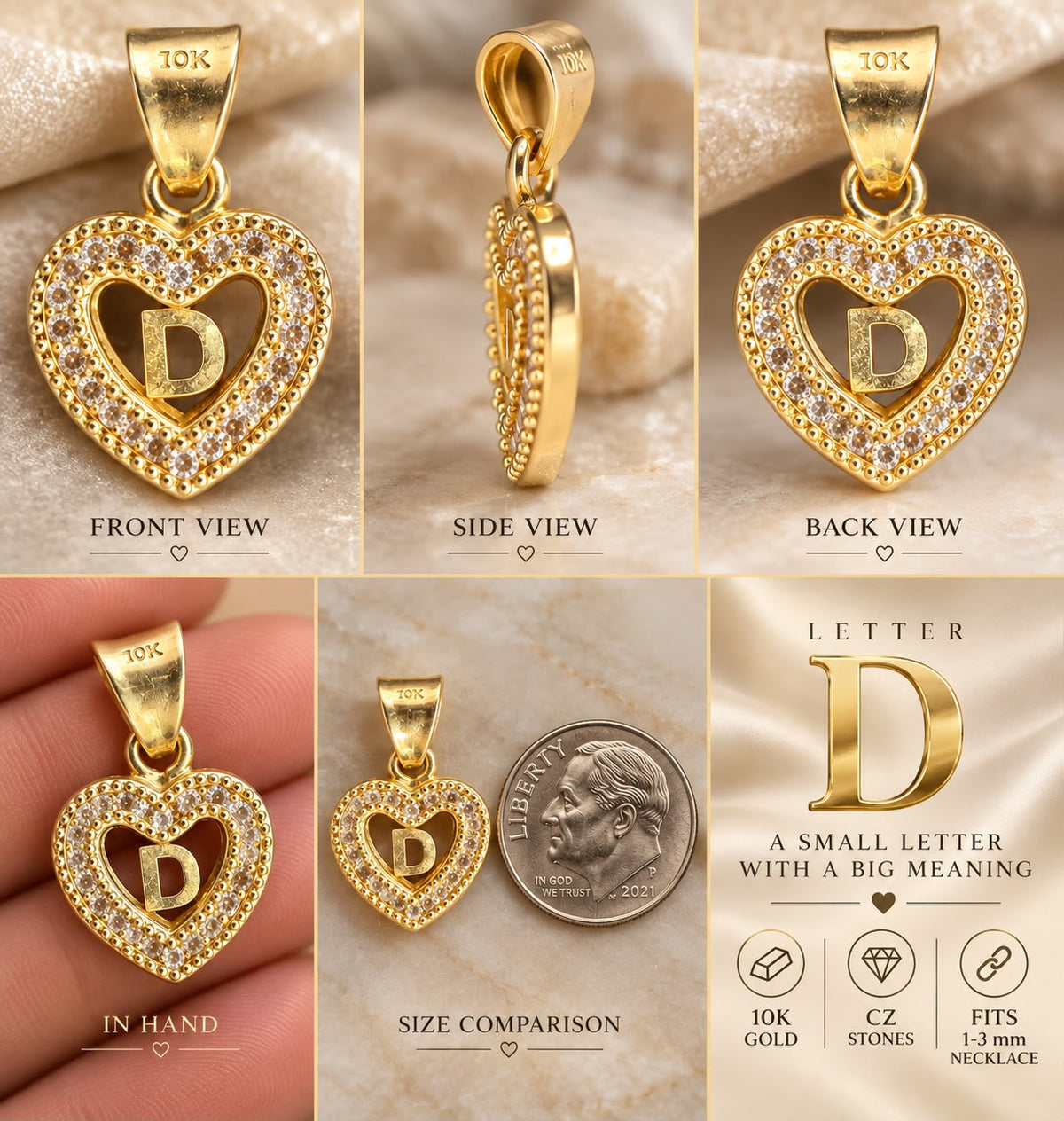 10K Yellow Gold CZ Heart Initial Letter Charm Pendant 1/2” Fits 1-3mm Chain