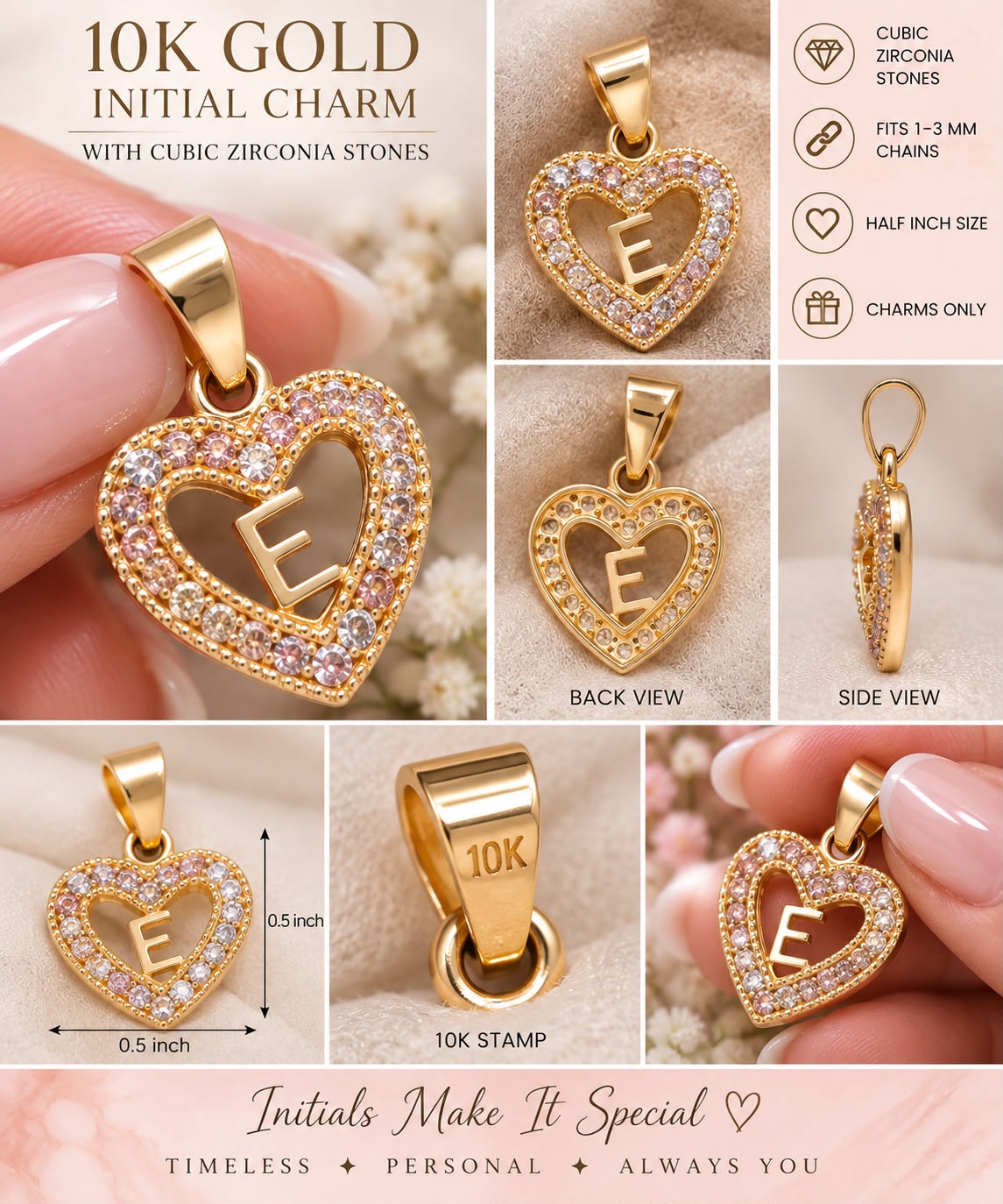 10K Yellow Gold CZ Heart Initial Letter Charm Pendant 1/2” Fits 1-3mm Chain