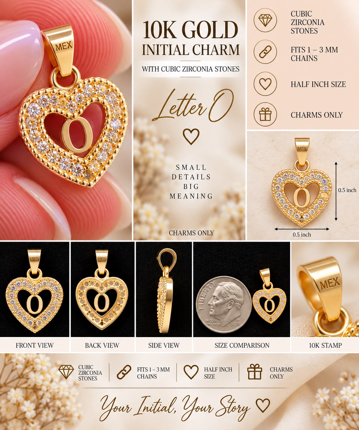 10K Yellow Gold CZ Heart Initial Letter Charm Pendant 1/2” Fits 1-3mm Chain