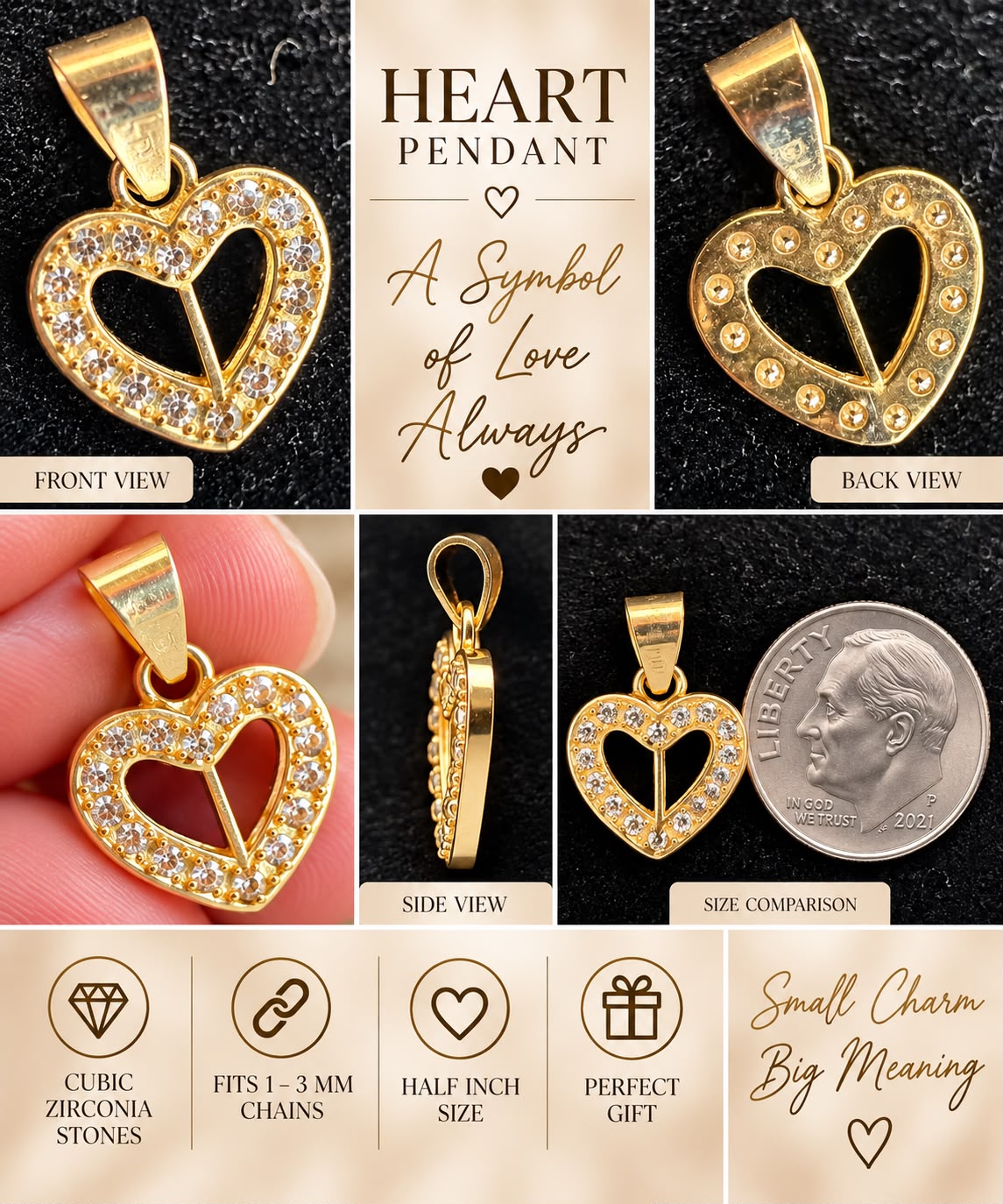 10K Yellow Gold CZ Heart Initial Letter Charm Pendant 1/2” Fits 1-3mm Chain