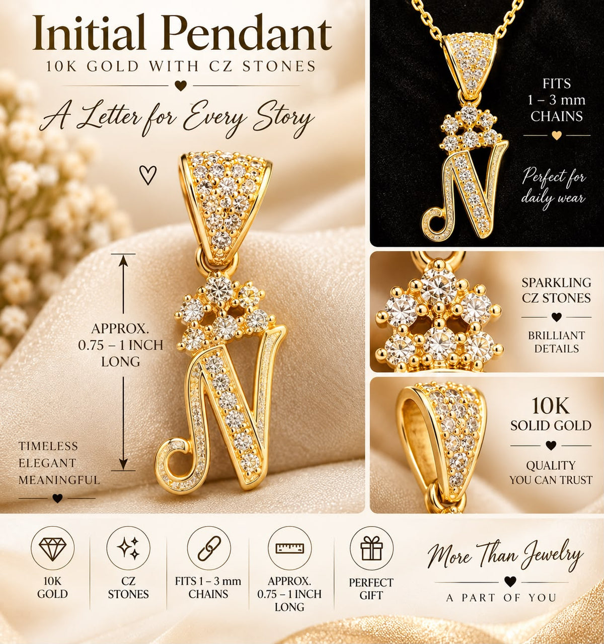 10K Solid Gold CZ Initial Letter Pendant Charm 0.75-1” Fits 1-3mm Chain