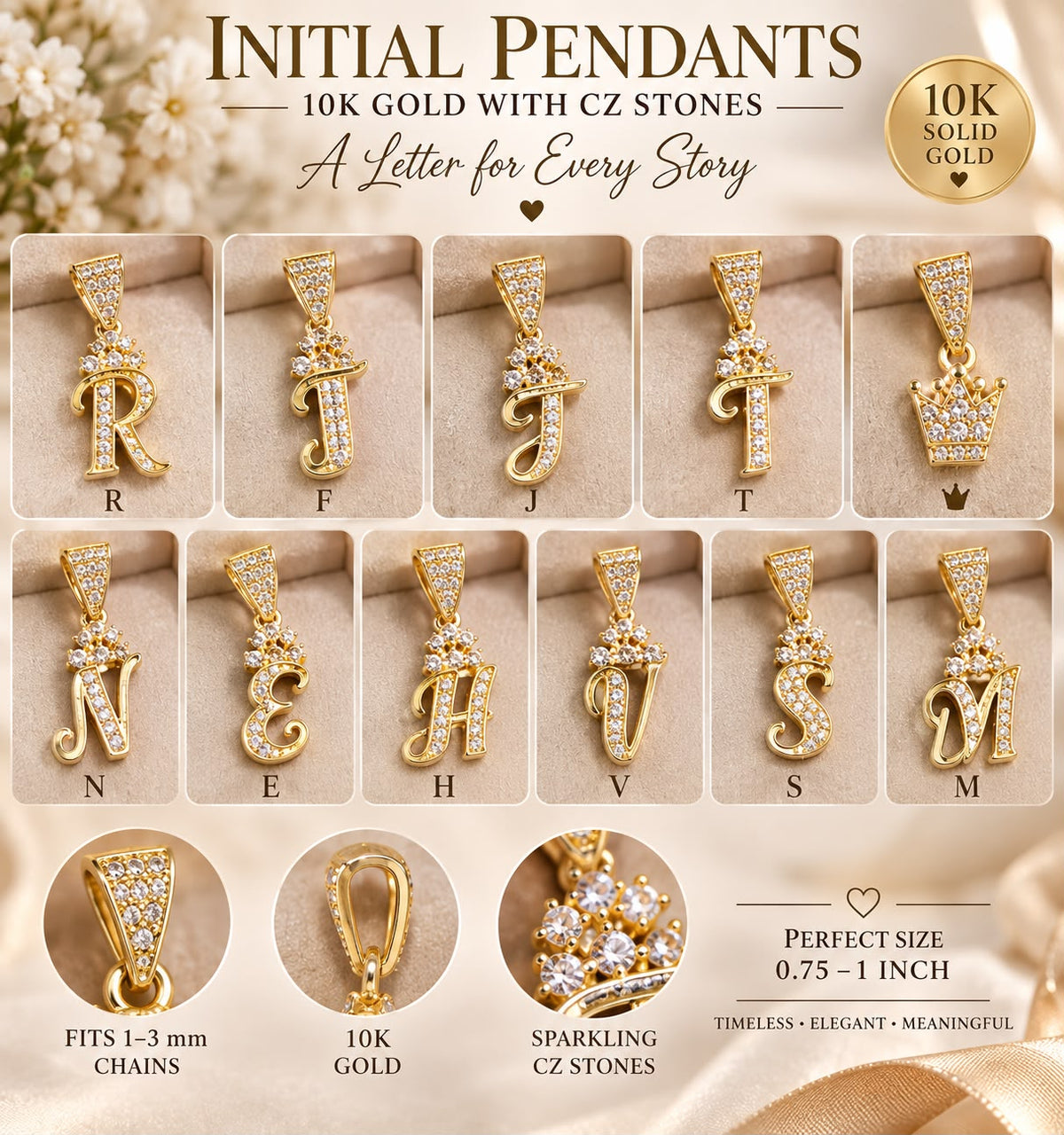 10K Solid Gold CZ Initial Letter Pendant Charm 0.75-1” Fits 1-3mm Chain