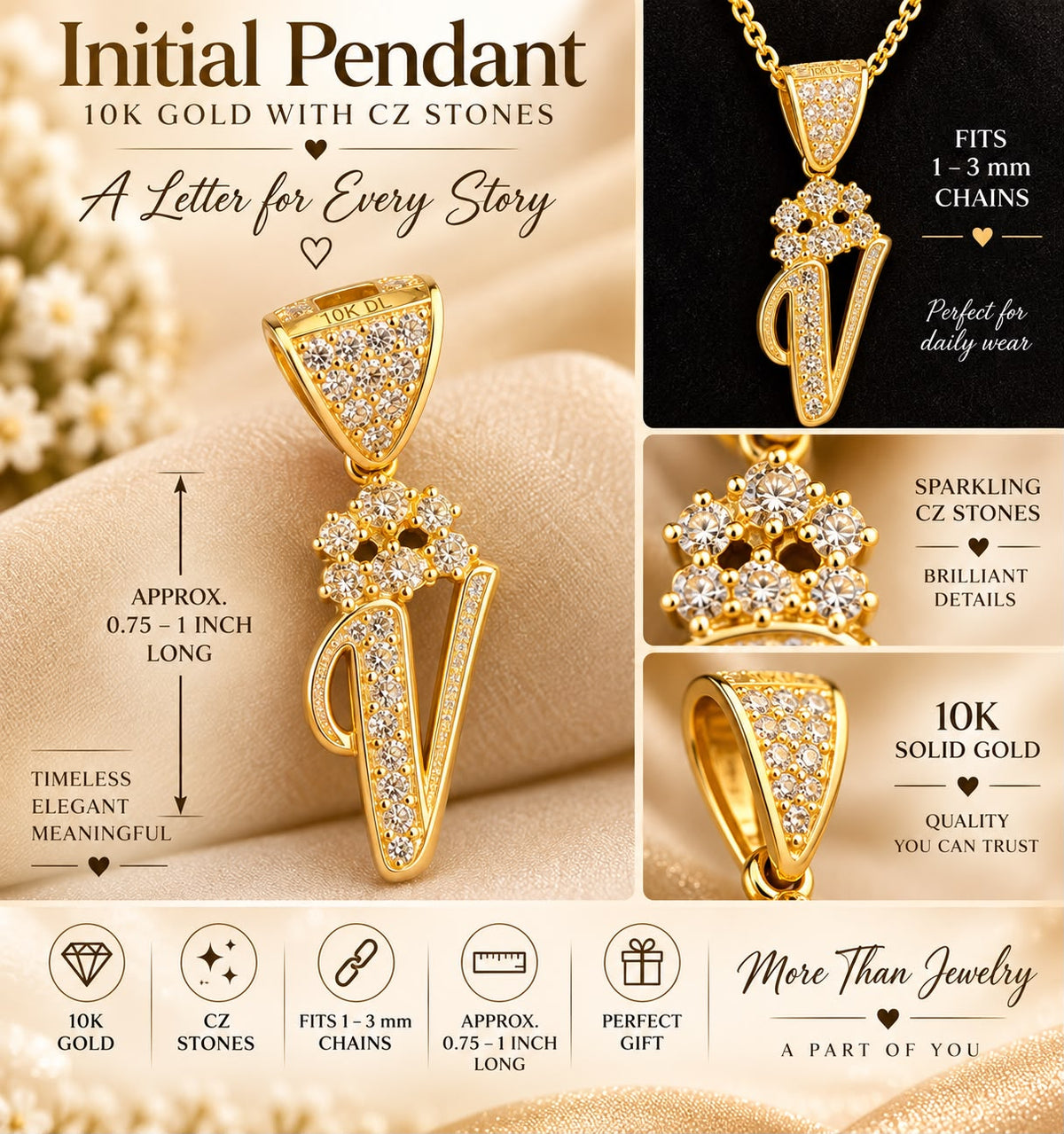 10K Solid Gold CZ Initial Letter Pendant Charm 0.75-1” Fits 1-3mm Chain